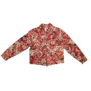 Coldwater Creek Silk Blend Floral Tapestry Jacket Red Boho Zip Front Size L